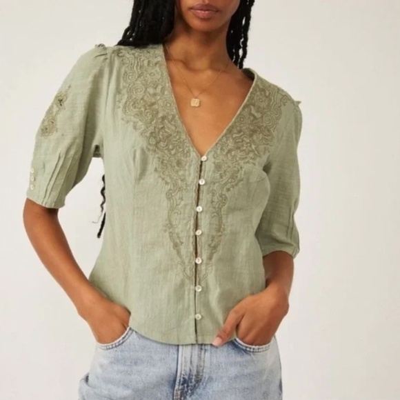 Free People Laurie Embroidered Top Medium Green - Picture 1 of 9